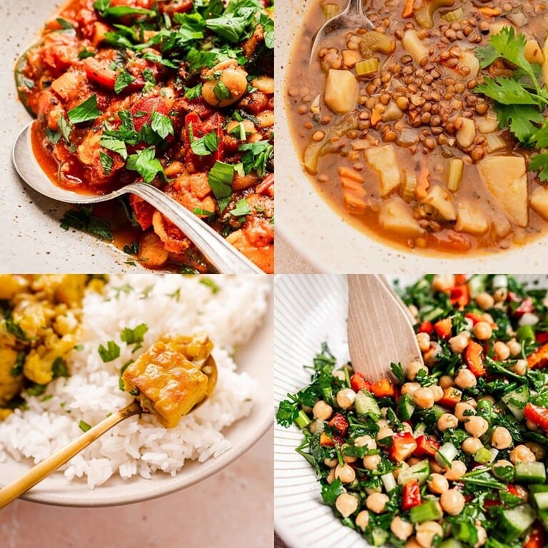 A collage of four high protein vegetarian recipes: tomato-based chickpea stew, lentil vegetable soup, curry with rice, and a fresh chickpea salad with herbs and vegetables.