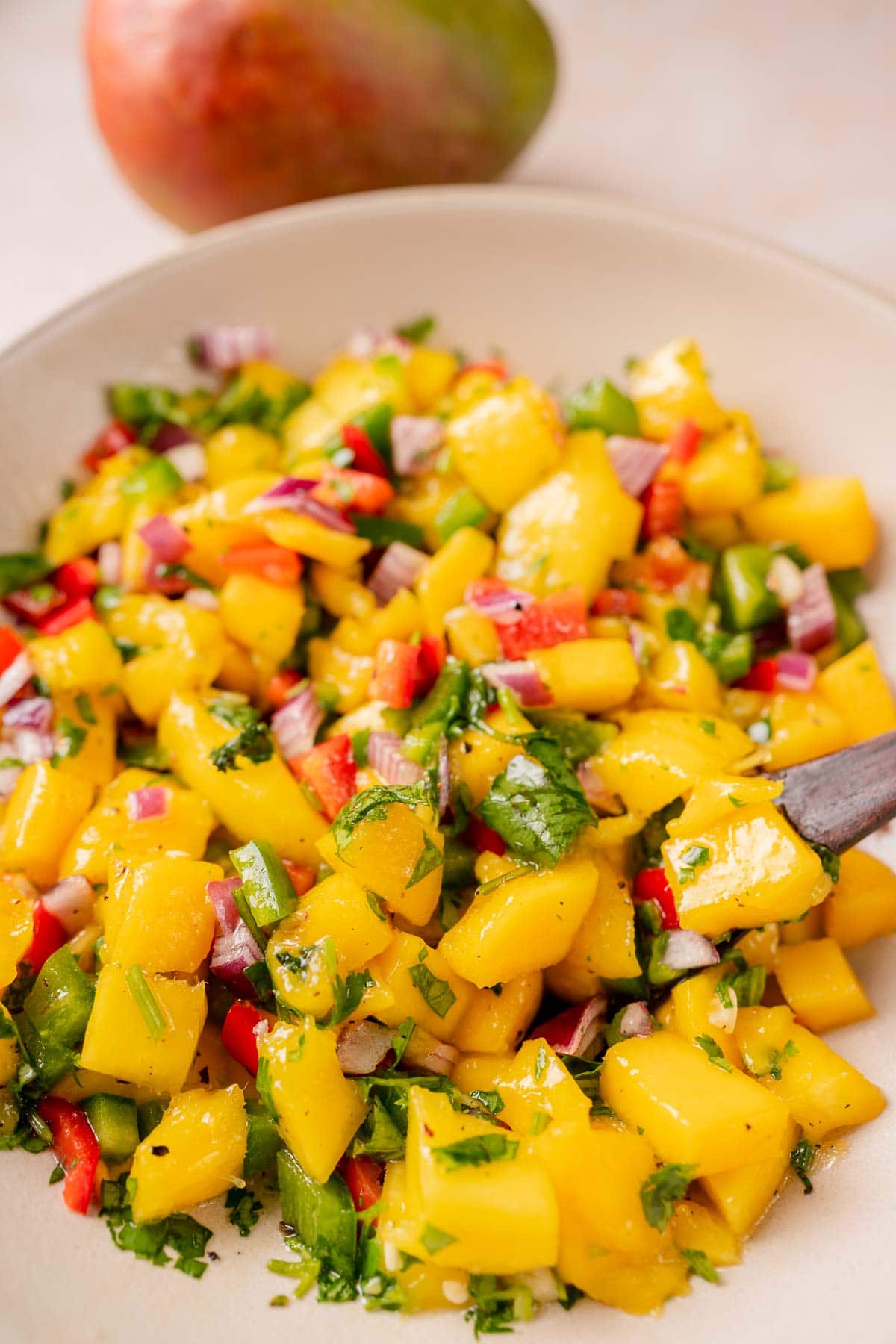 A freshly mixed mango salsa in a large bowl.