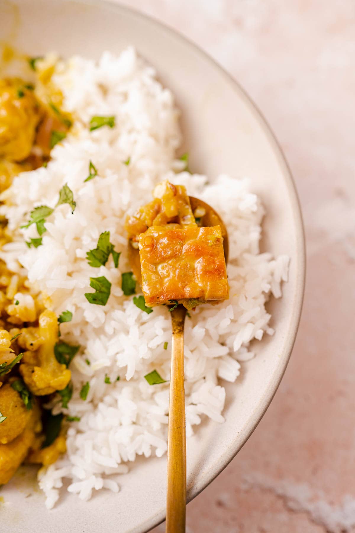 Close shot of tempeh curry on a small gold spoon.