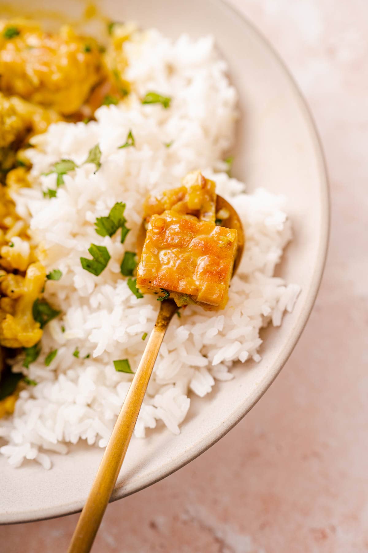 Close shot of tempeh on a gold spoon in a ceramic bowl.