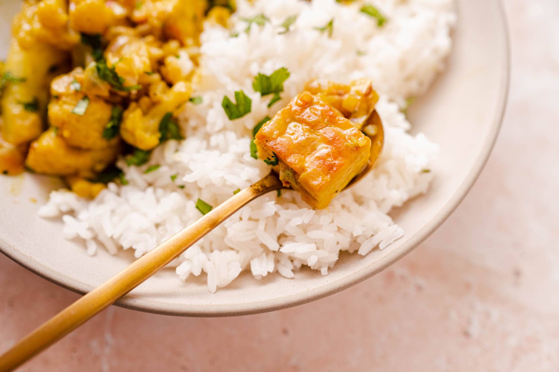 Close shot of a golden spoon holding a cube of cooked tempeh.