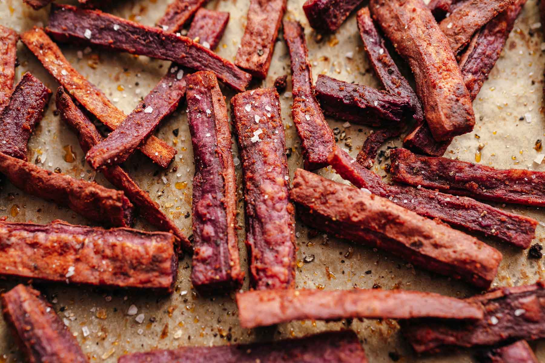 Freshly baked purple sweet potato fries.