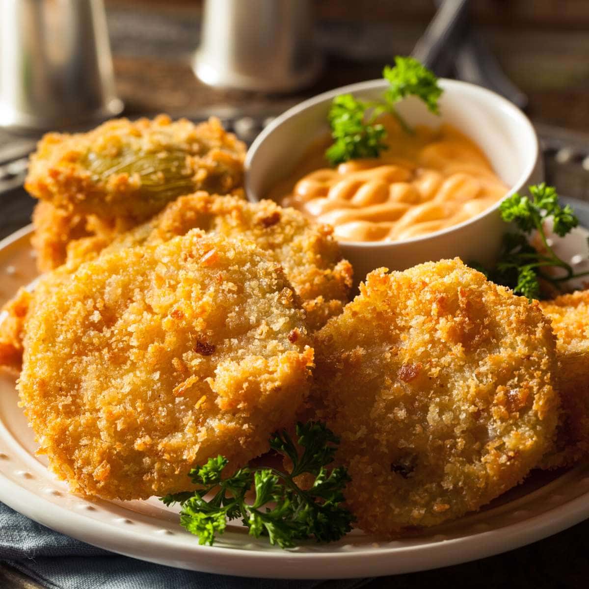 Fried green tomatoes on a plate next to macaroni and cheese.
