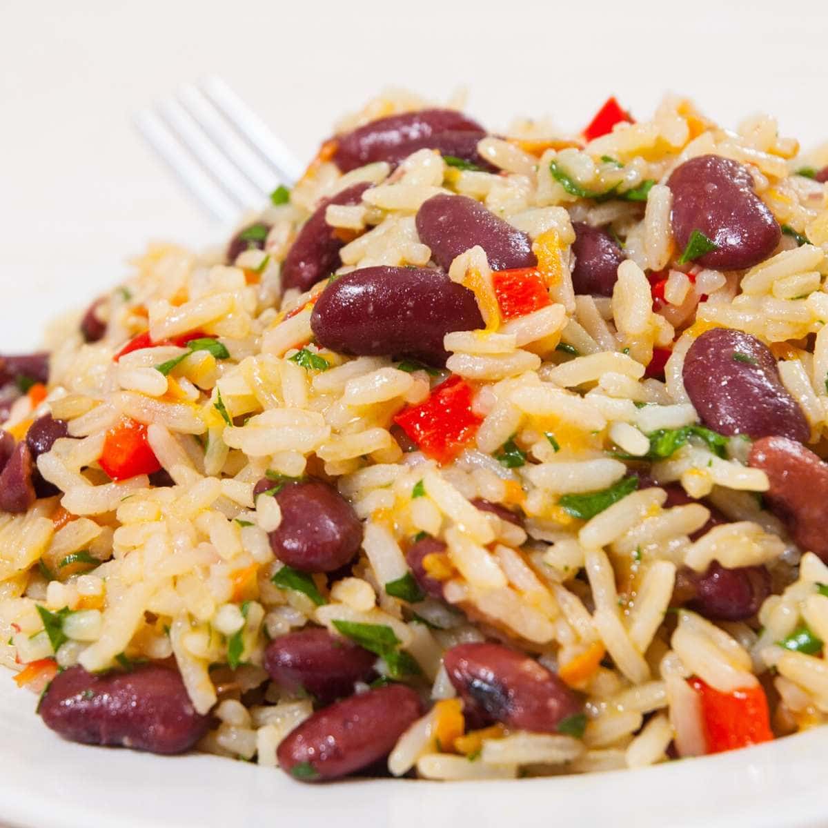 Close shot of Louisiana red beans and rice.