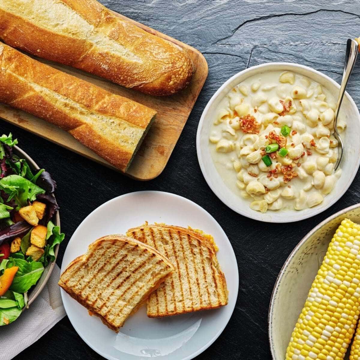 A stone table filled with classic Southern dishes.