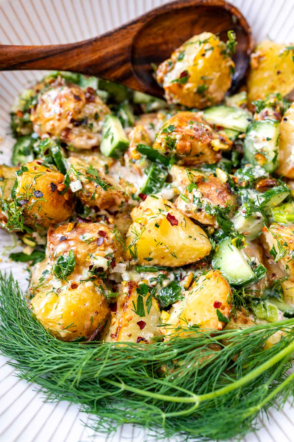 A close shot of roasted potato salad.