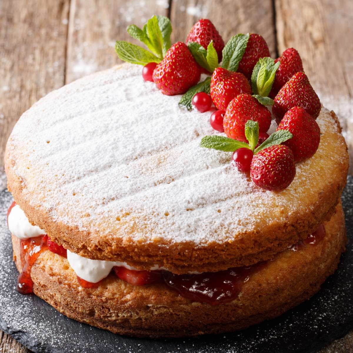 A victoria sponge cake decorated with fresh strawberries.