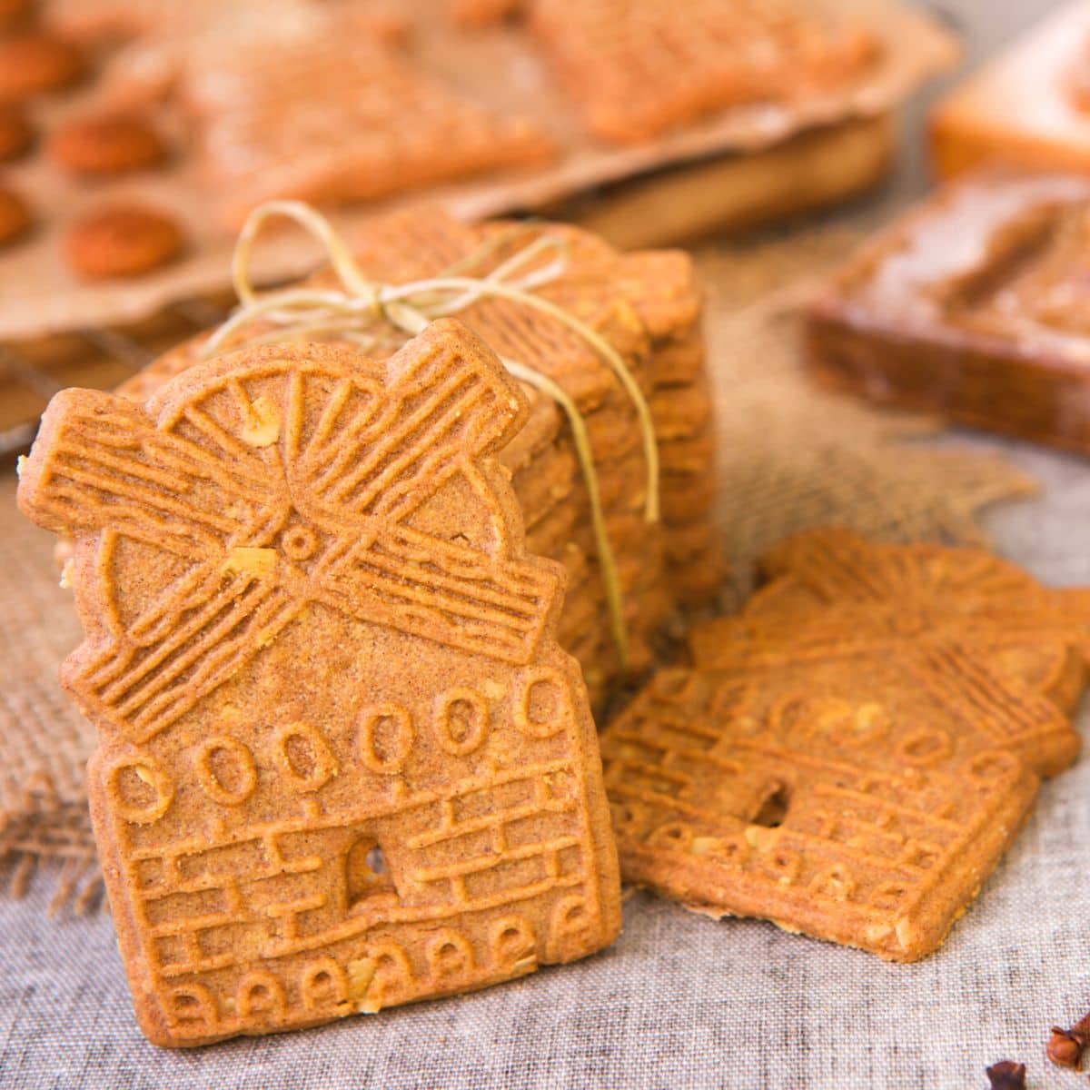 A group of vegetarian Dutch cookies with a windmill on them.