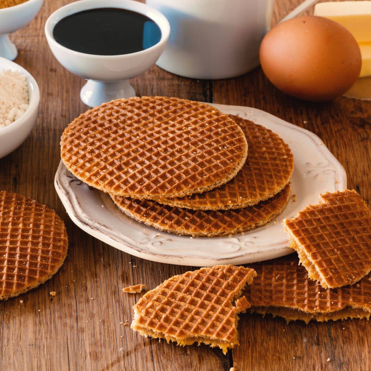 Vegetarian Dutch waffles on a wooden table.