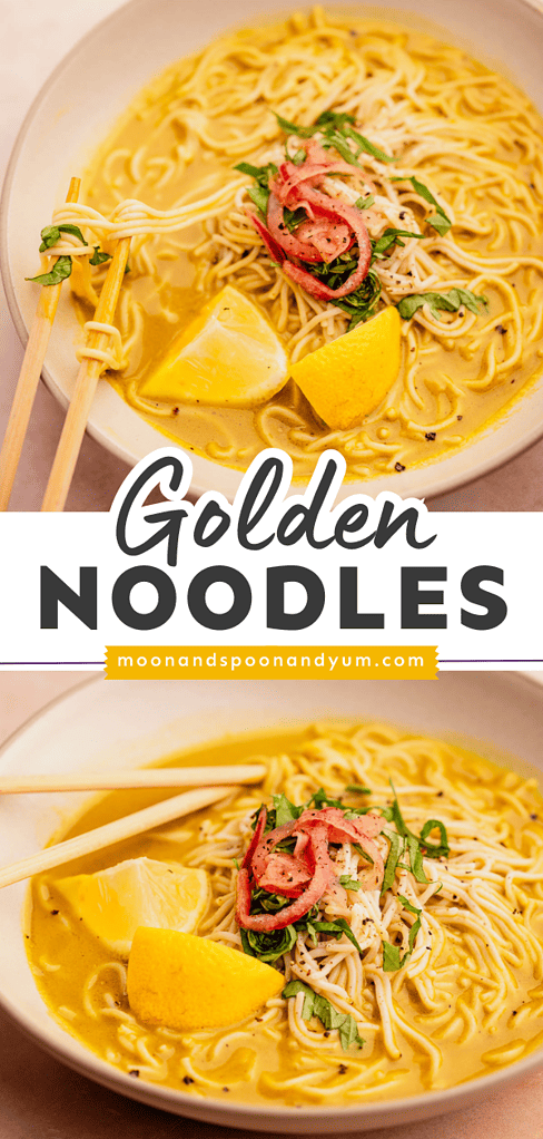 Golden noodles in a bowl.