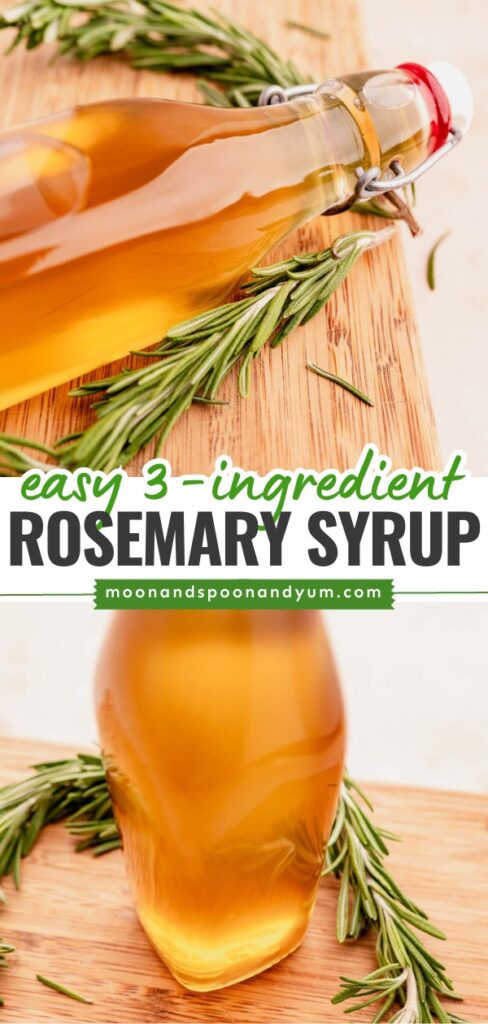 A bottle of rosemary simple syrup with sprigs of rosemary.