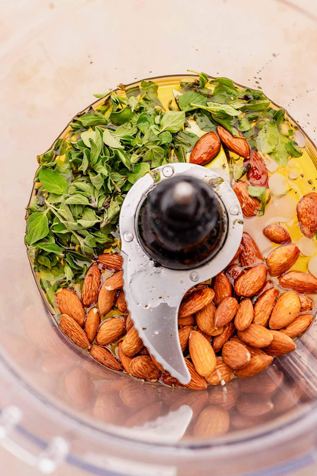 A food processor filled with oregano and nuts.