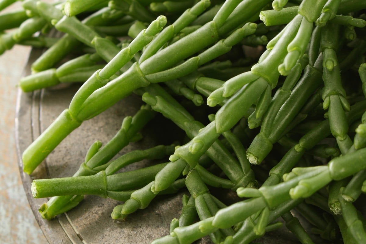A close up of green asparagus on a table.