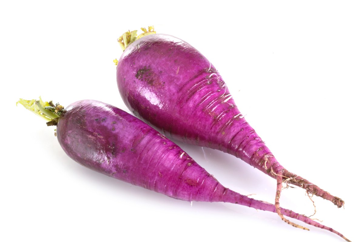 Two purple carrots on a white background.