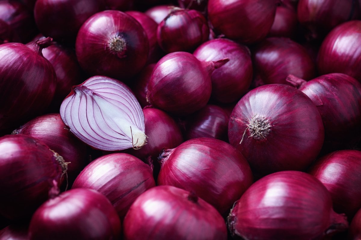 A pile of red onions with a single onion in the middle.