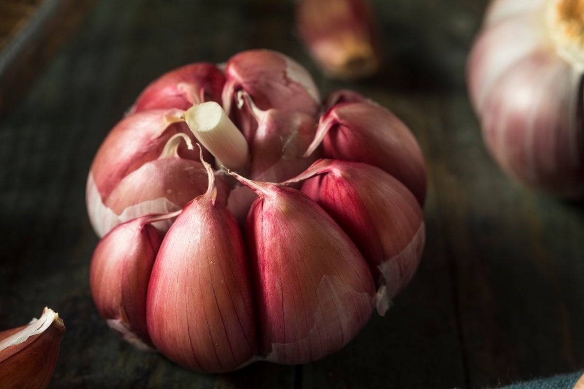 A close up of garlic on a wooden table.