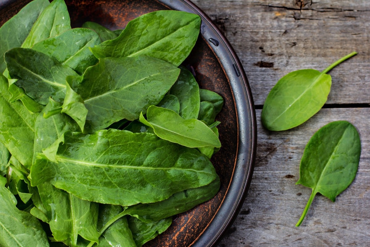 Spinach leaves in a bowl on a wooden table.