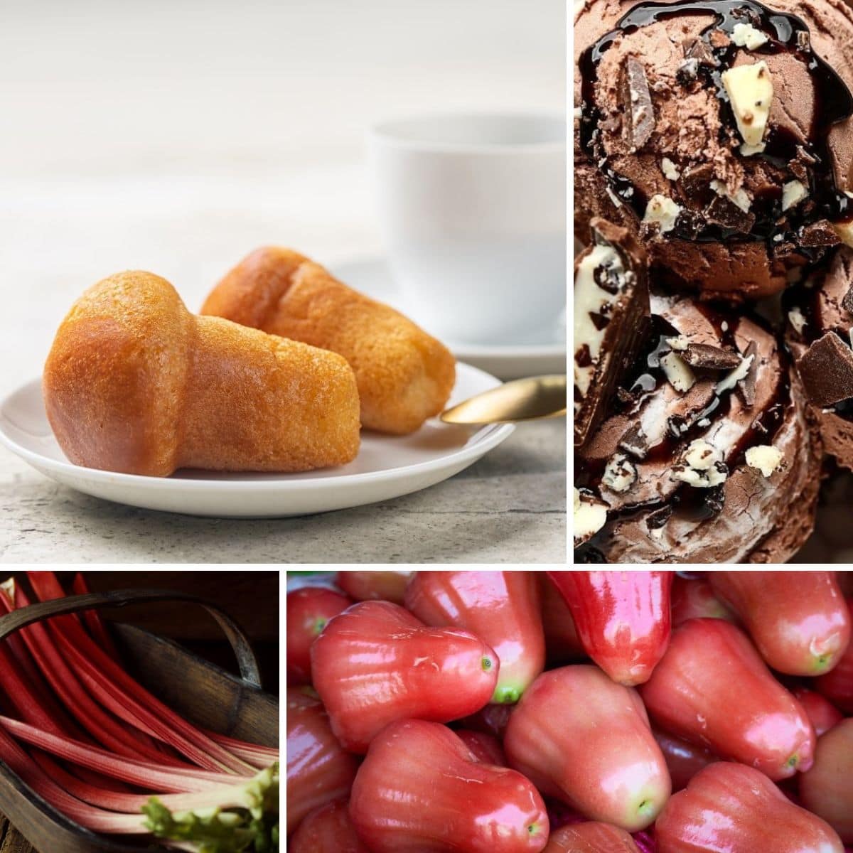 A collage of photos showing different types of fruits and desserts, featuring foods that start with 'r'.