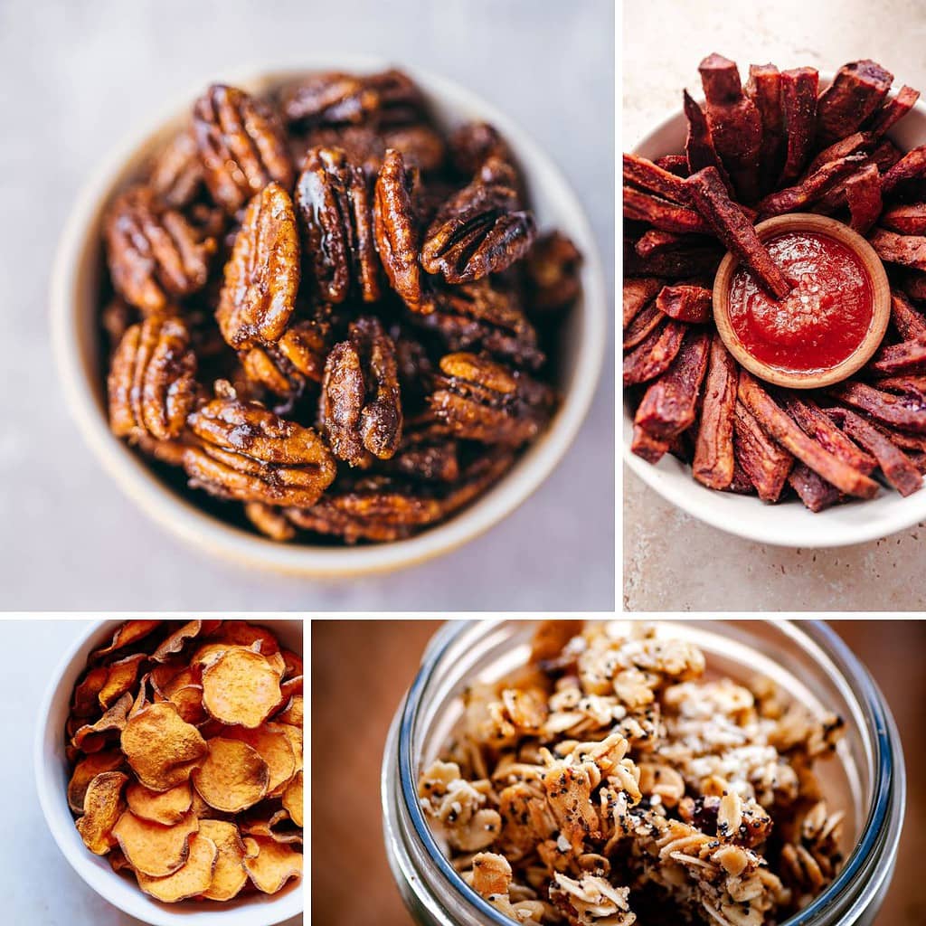 A collage of images showing various types of vegetarian snacks.