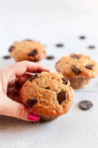 A hand holding a chocolate chip muffin.