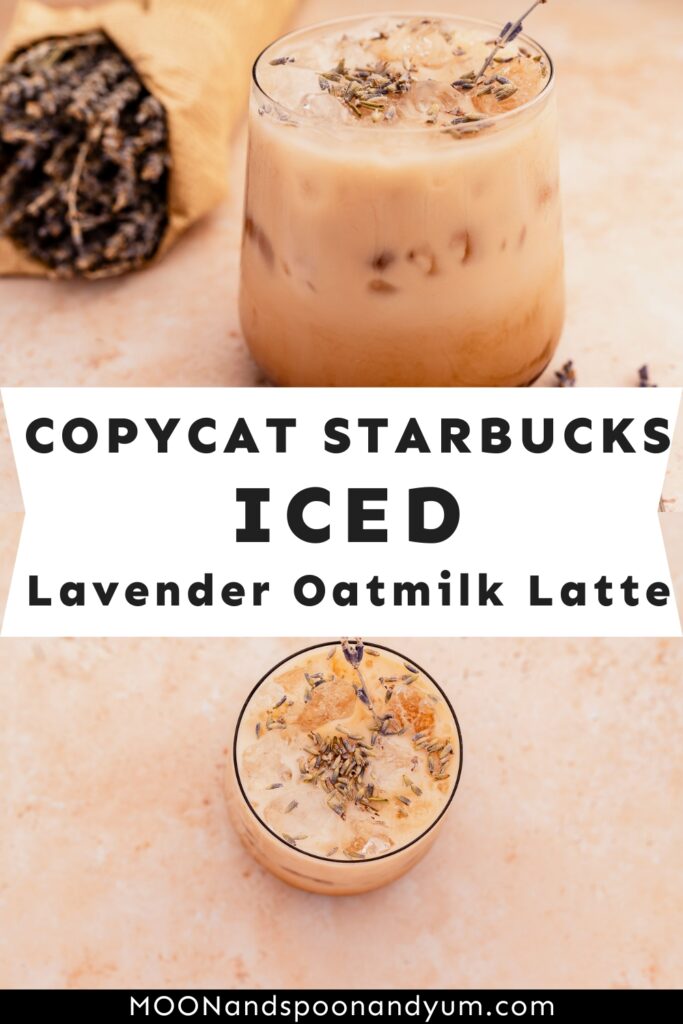 A homemade version of an Iced Lavender Oatmilk Latte with garnish on top.