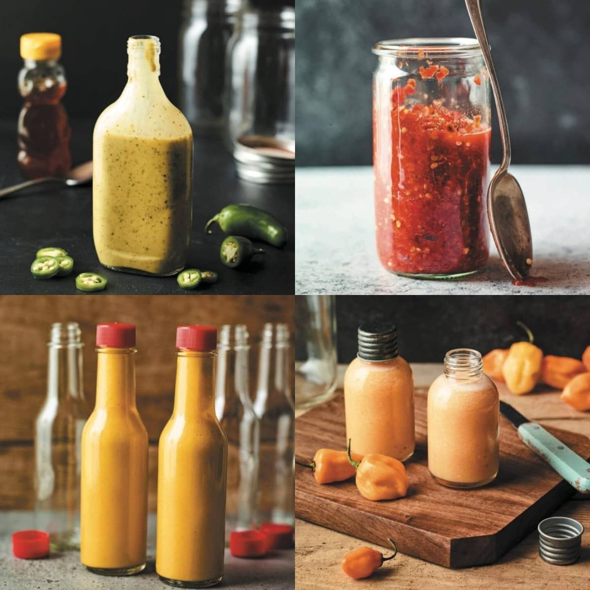 A collage of different sauces and condiments in jars, featuring fermented hot sauce recipes.