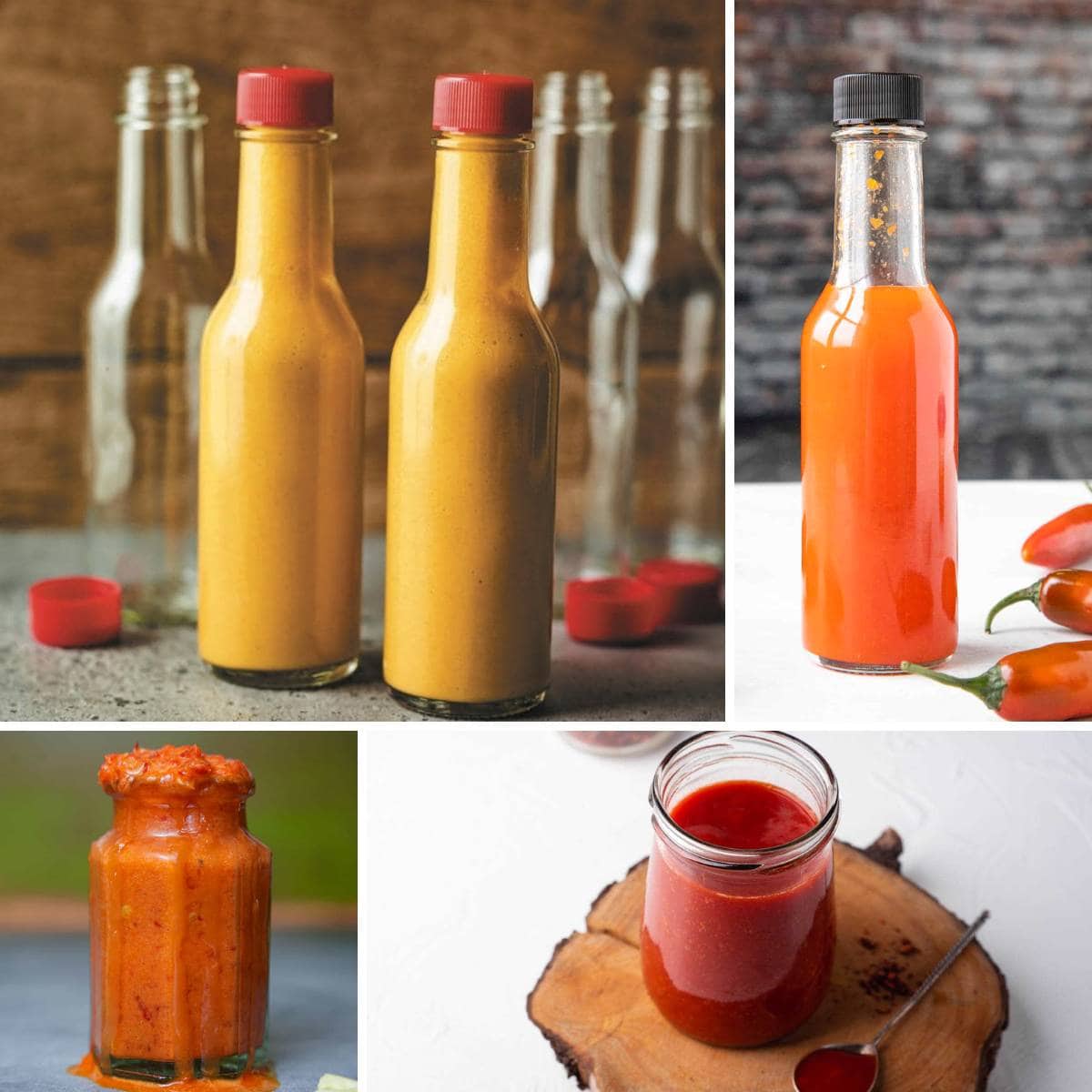 A collage of pictures of different types of hot sauces.