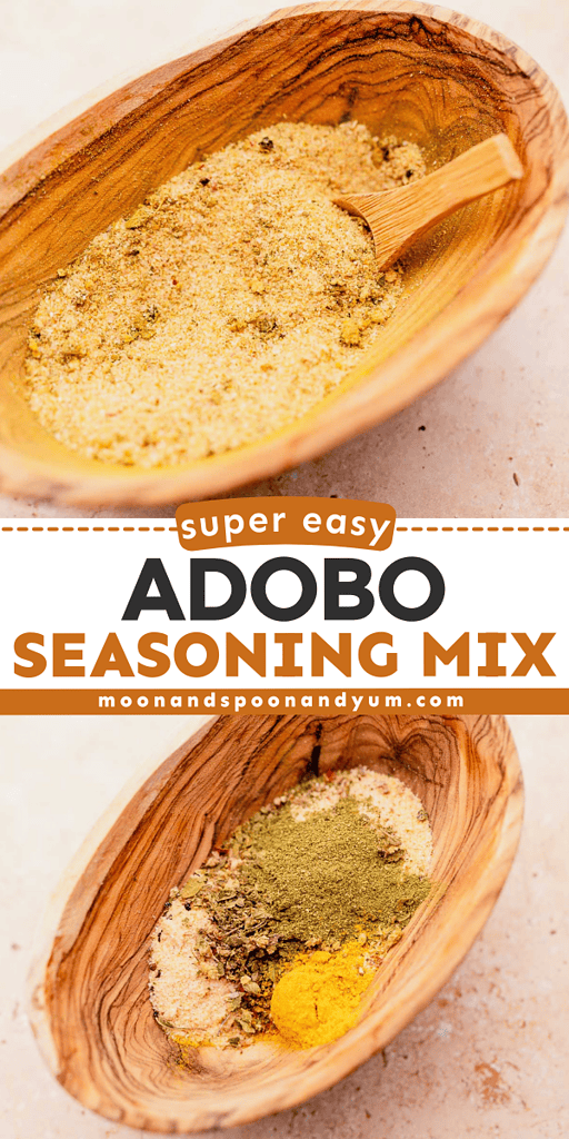Homemade adobo seasoning mix in a wooden bowl with a scoop.