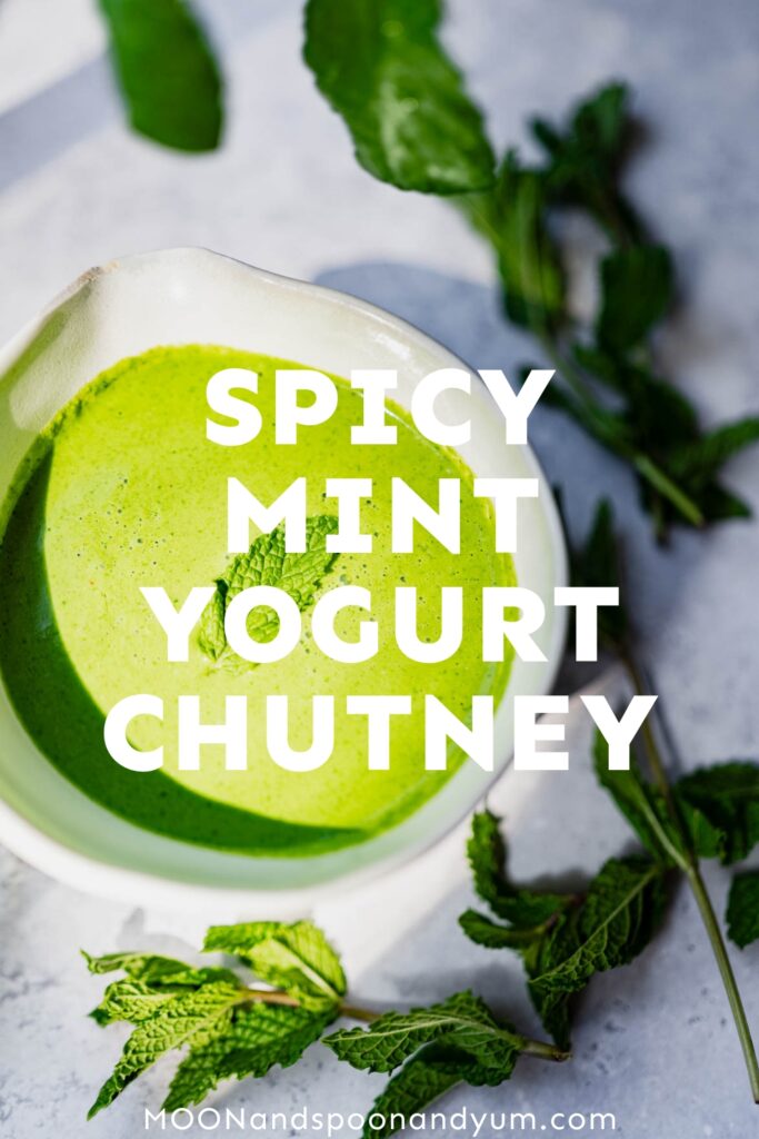 A bowl of spicy mint yogurt chutney with fresh mint leaves on the side.