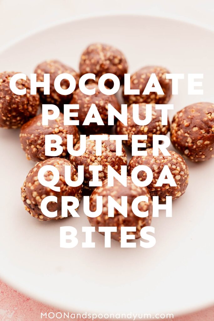 Quinoa crunch bites on a pink plate, text overlay with recipe title.