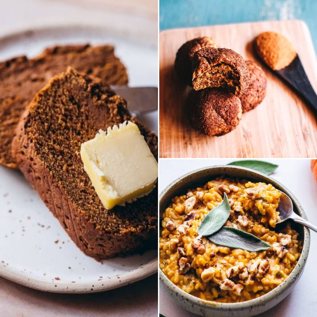 A collage of three images: sliced bread with butter, round cookies on a wooden board with a spoon of spice, and a bowl of risotto topped with nuts and herbs.