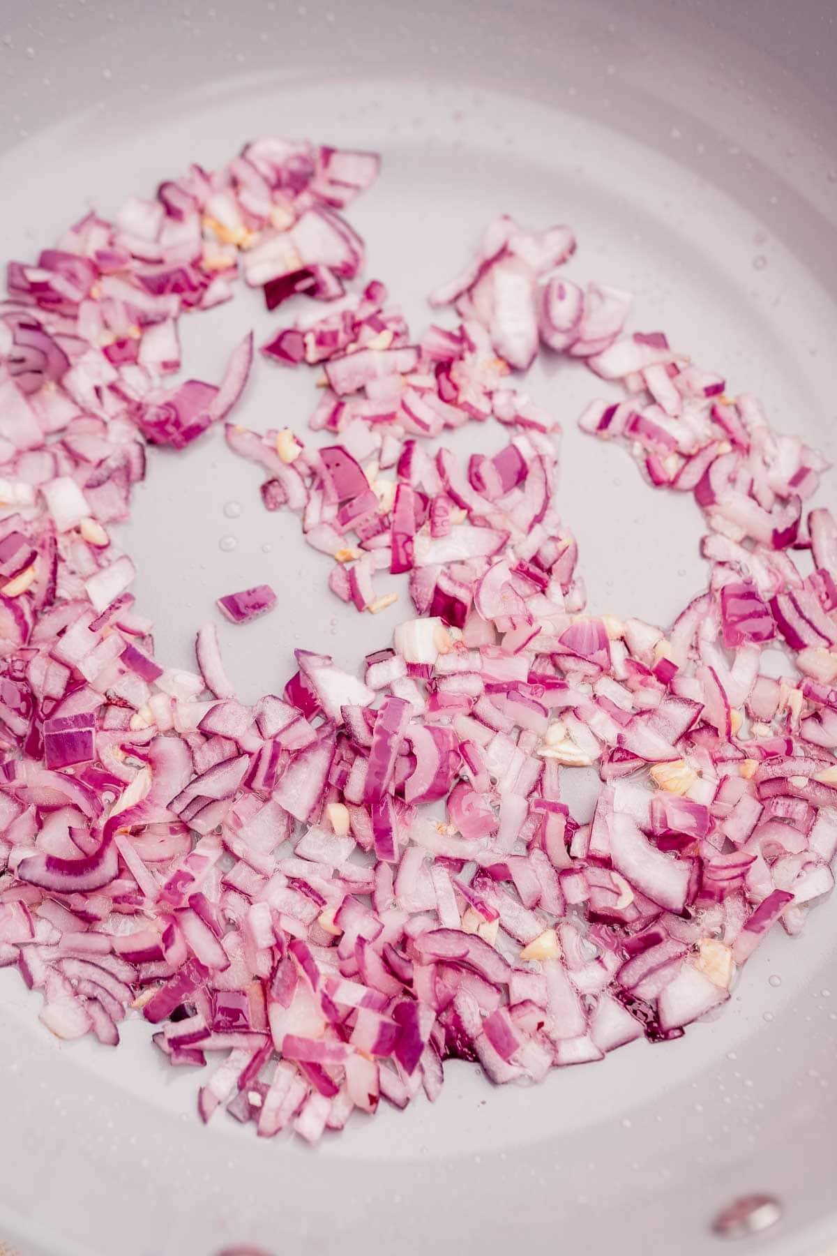 Chopped red onions in a large pot.