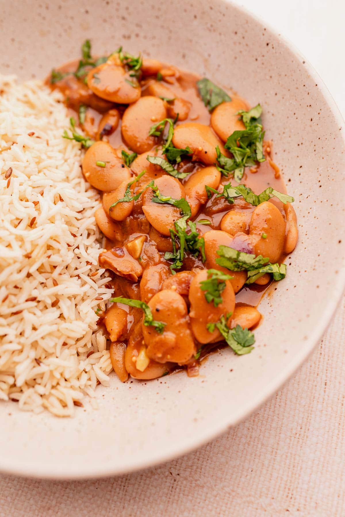 A speckled bowl filled with white basmatic rice and butter bean curry.