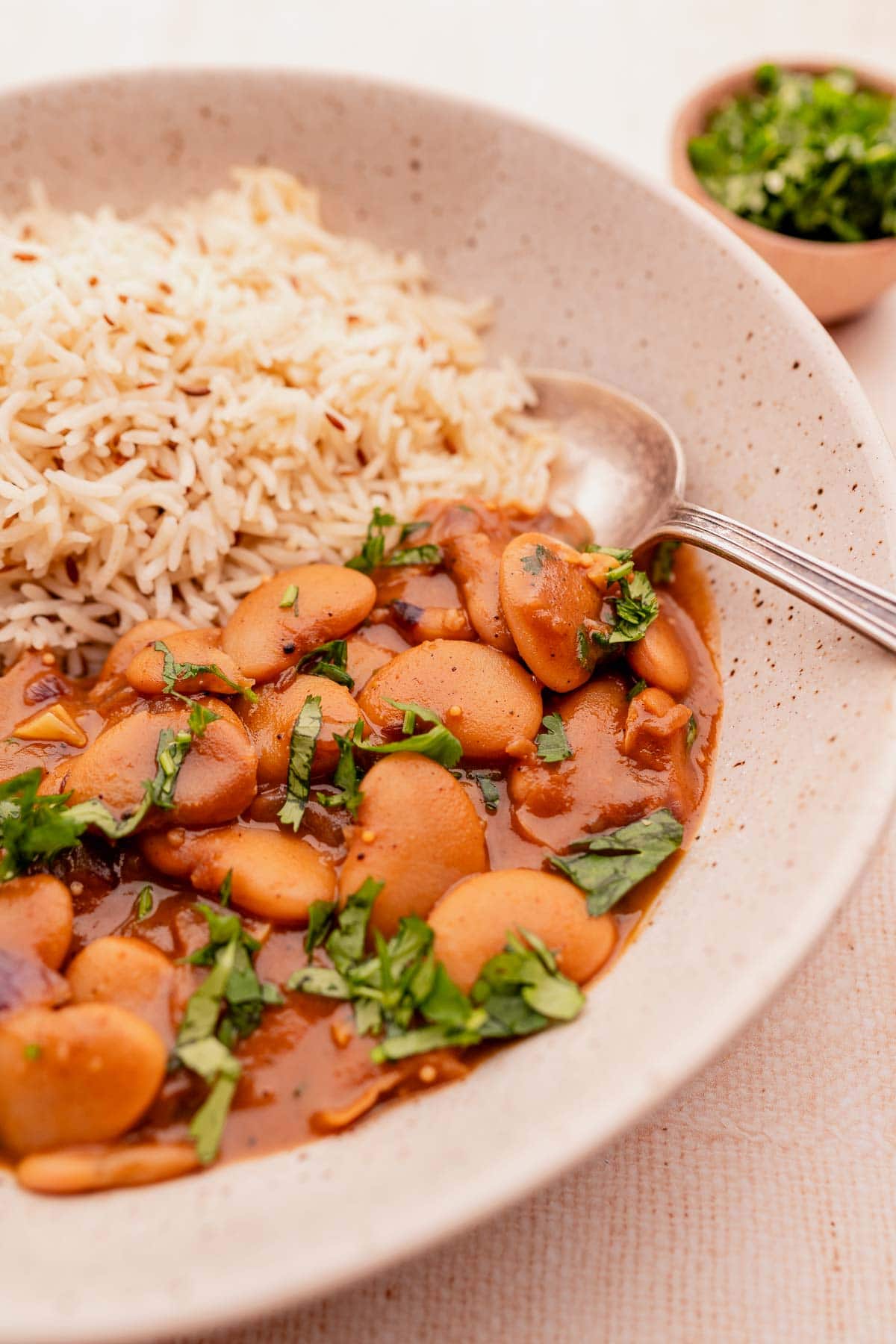 A silver spoon rests in a large ceramic bowl of butter beans and rice.