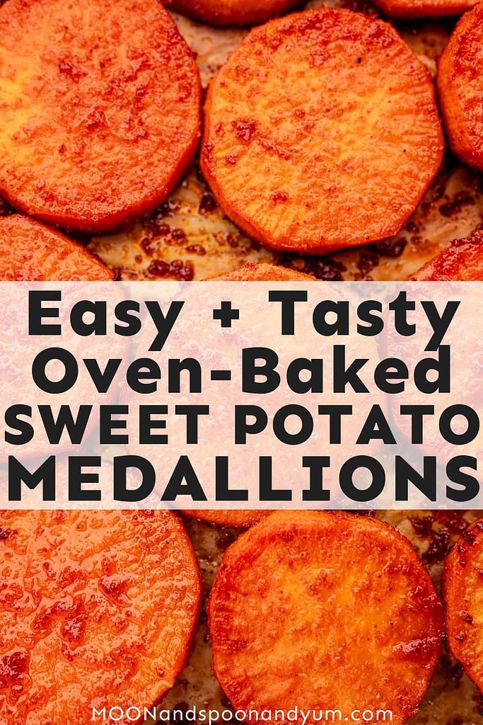 Close-up of oven-baked sweet potato slices, golden and crispy on a baking sheet, with text overlay promoting the recipe.