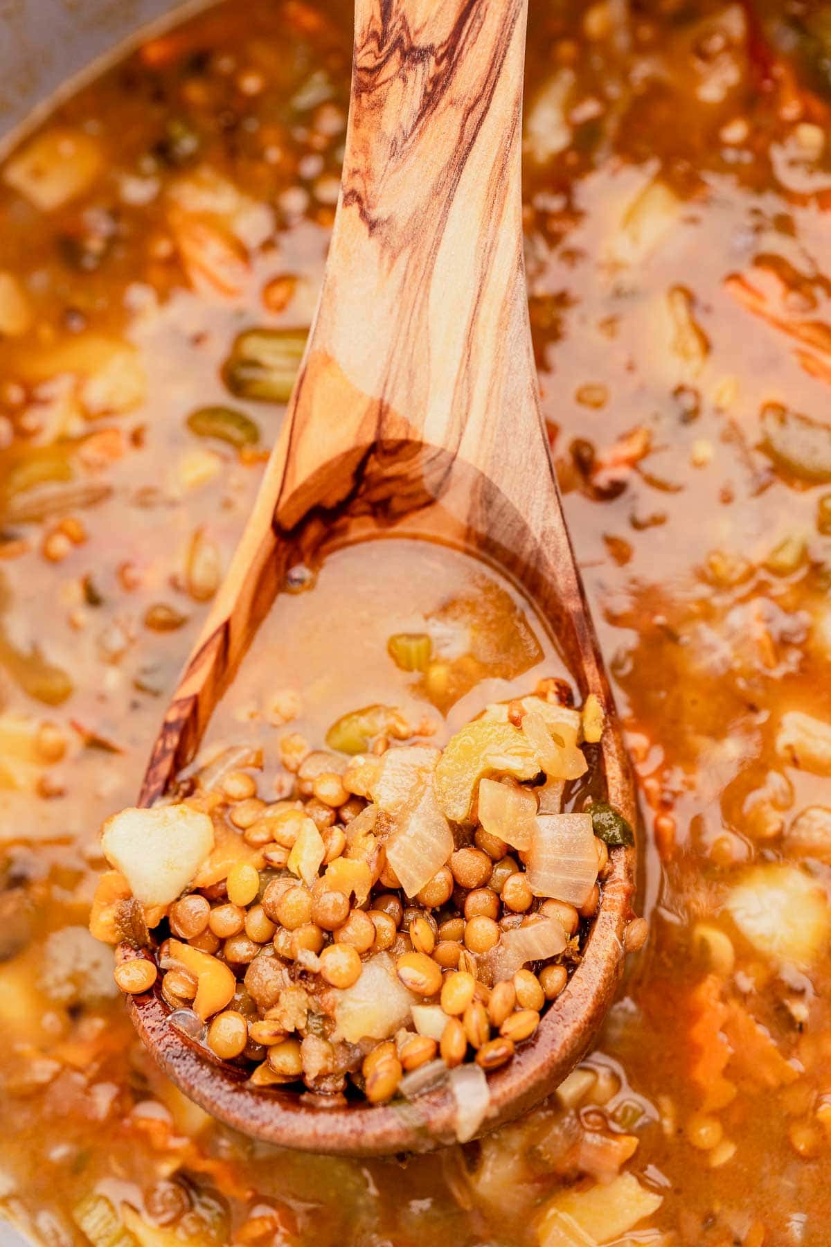A close-up of a wooden spoon lifts a portion of hearty lentejas soup, revealing a medley of visible vegetables like carrots, celery, and onions from the pot.