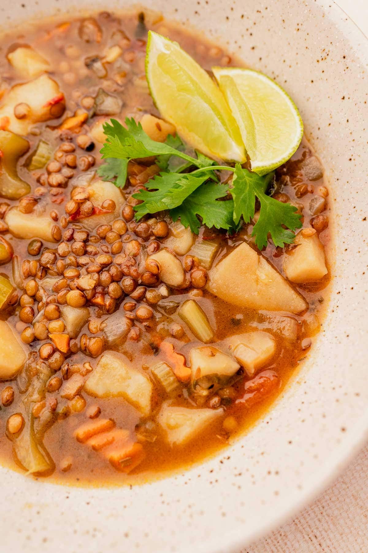 A close-up of a bowl of soup with lentejas, diced vegetables, and two lime wedges on top, garnished with cilantro.