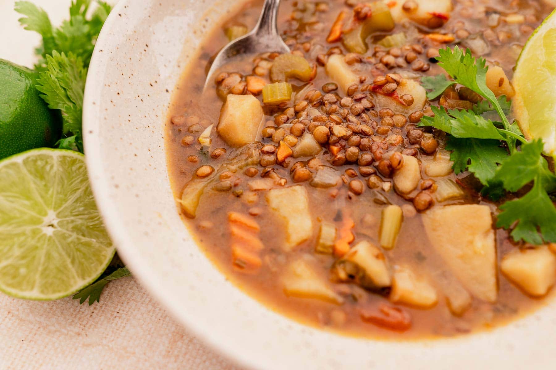 A bowl of savory lentejas soup with vegetables and a spoon, garnished with fresh cilantro. Lime halves rest invitingly next to the bowl.