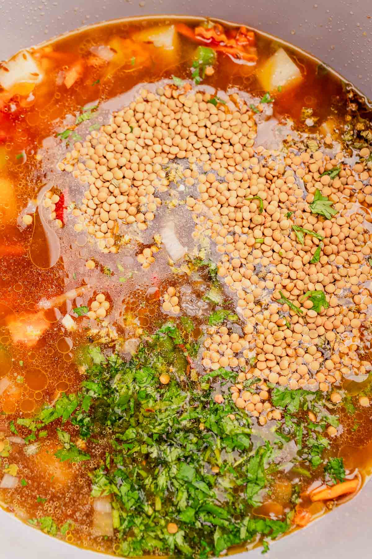 A pot filled with lentejas, chopped herbs, diced tomatoes, and broth is ready to cook.