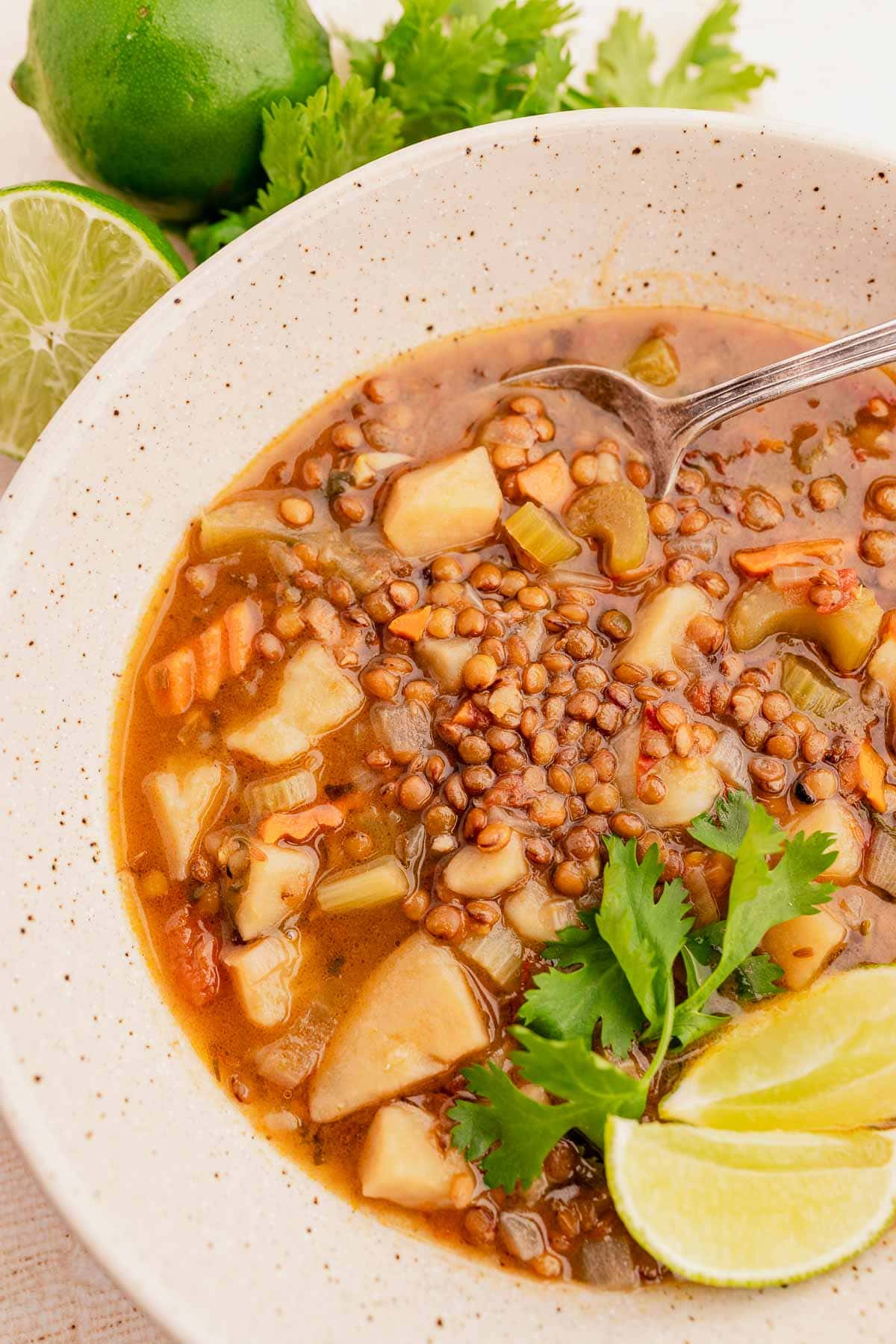A bowl of lentejas soup with vegetables, garnished with cilantro and lime wedges, sits invitingly with a spoon in the bowl. Lime and cilantro adorn the background.