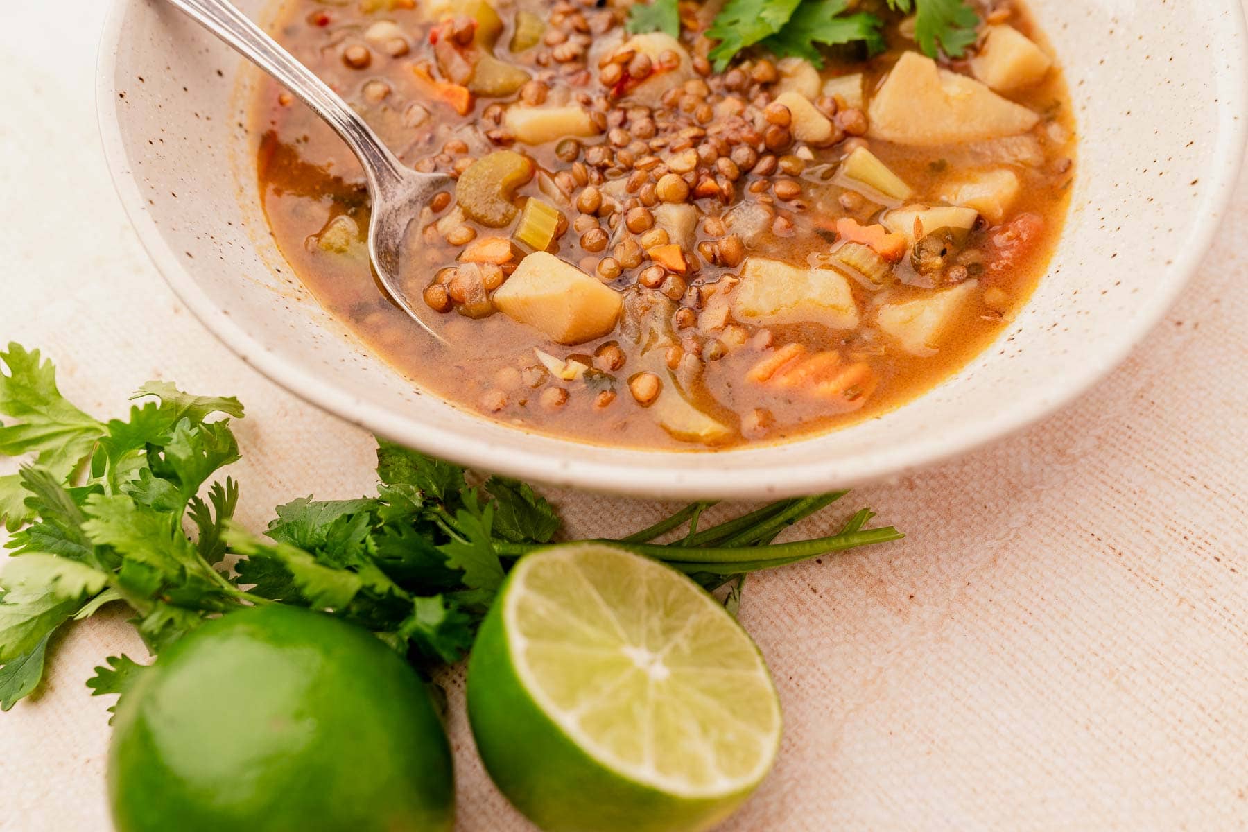 A bowl of savory lentil soup, or sopa de lentejas, brimming with vegetables and topped with fresh cilantro. A spoon rests beside lime halves and extra cilantro on the side.