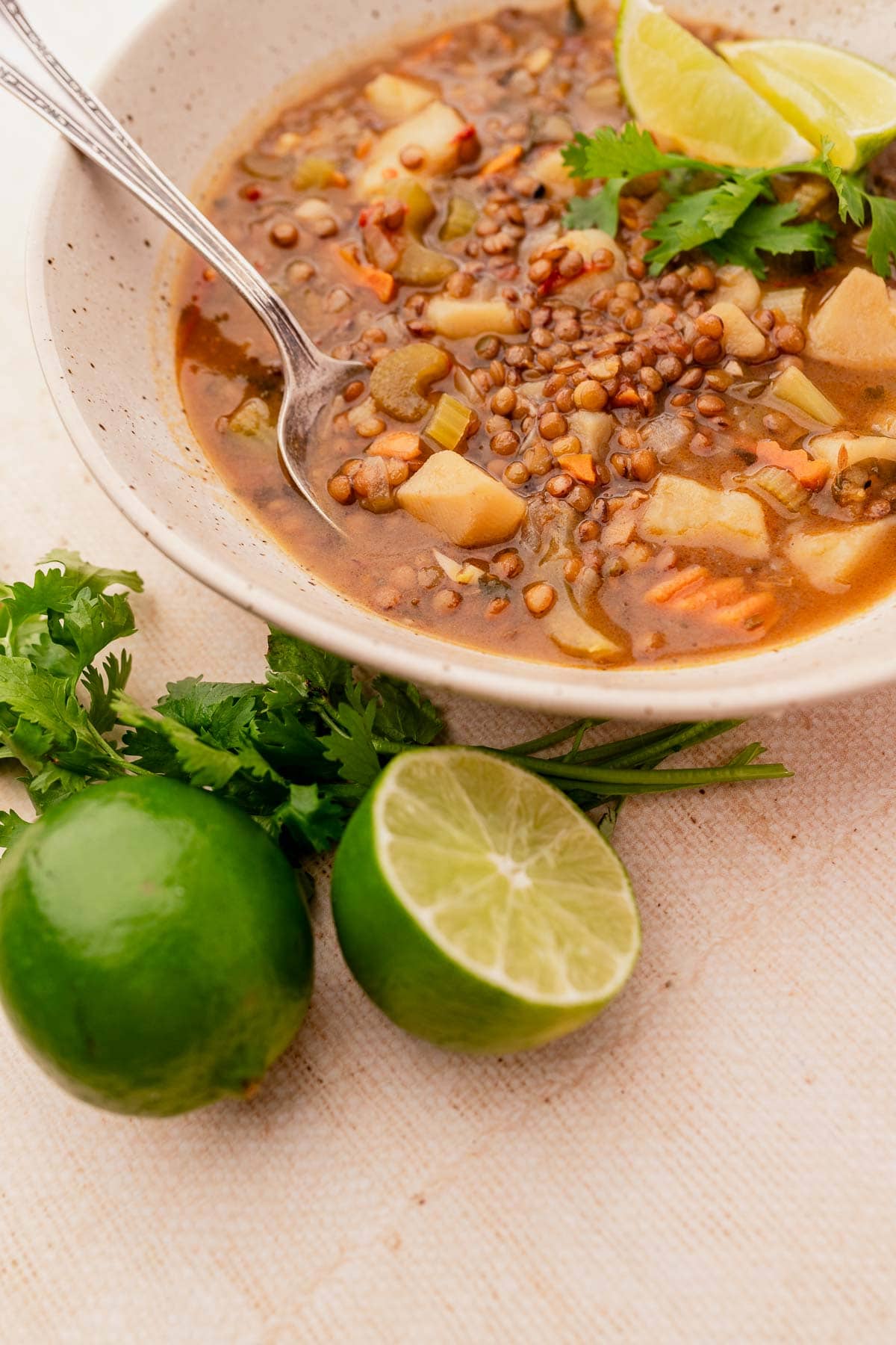 A bowl of lentejas soup with diced vegetables, garnished with lime wedges and cilantro, sits next to two whole limes and fresh cilantro on a light-colored surface.