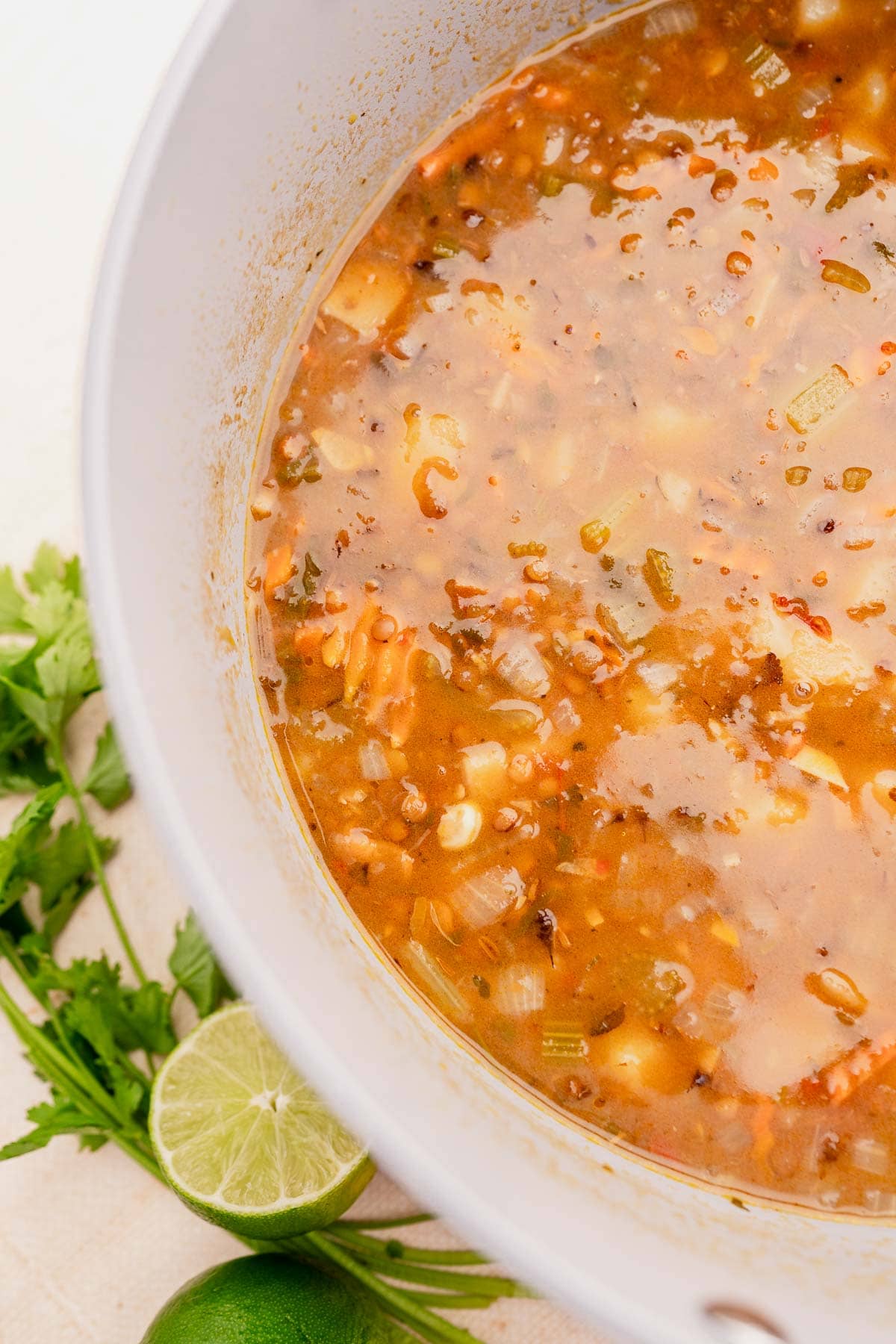 A close-up of a pot of savory lentil soup brimming with vegetables and herbs. A cut lime and a sprig of cilantro sit invitingly on the side, adding a burst of freshness to the rustic dish.
