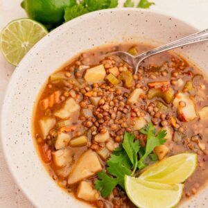 Bowl of vegetable and lentil soup garnished with fresh cilantro and lime wedges, with a spoon.