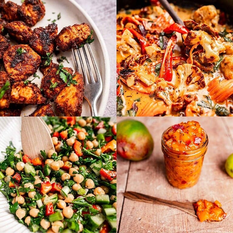 A collage of four images showcasing spiced grilled chicken pieces, a creamy vegetable curry, a chickpea salad with greens, and a jar of mango chutney—perfect inspiration for the best recipes 2025 on a rustic wooden surface.