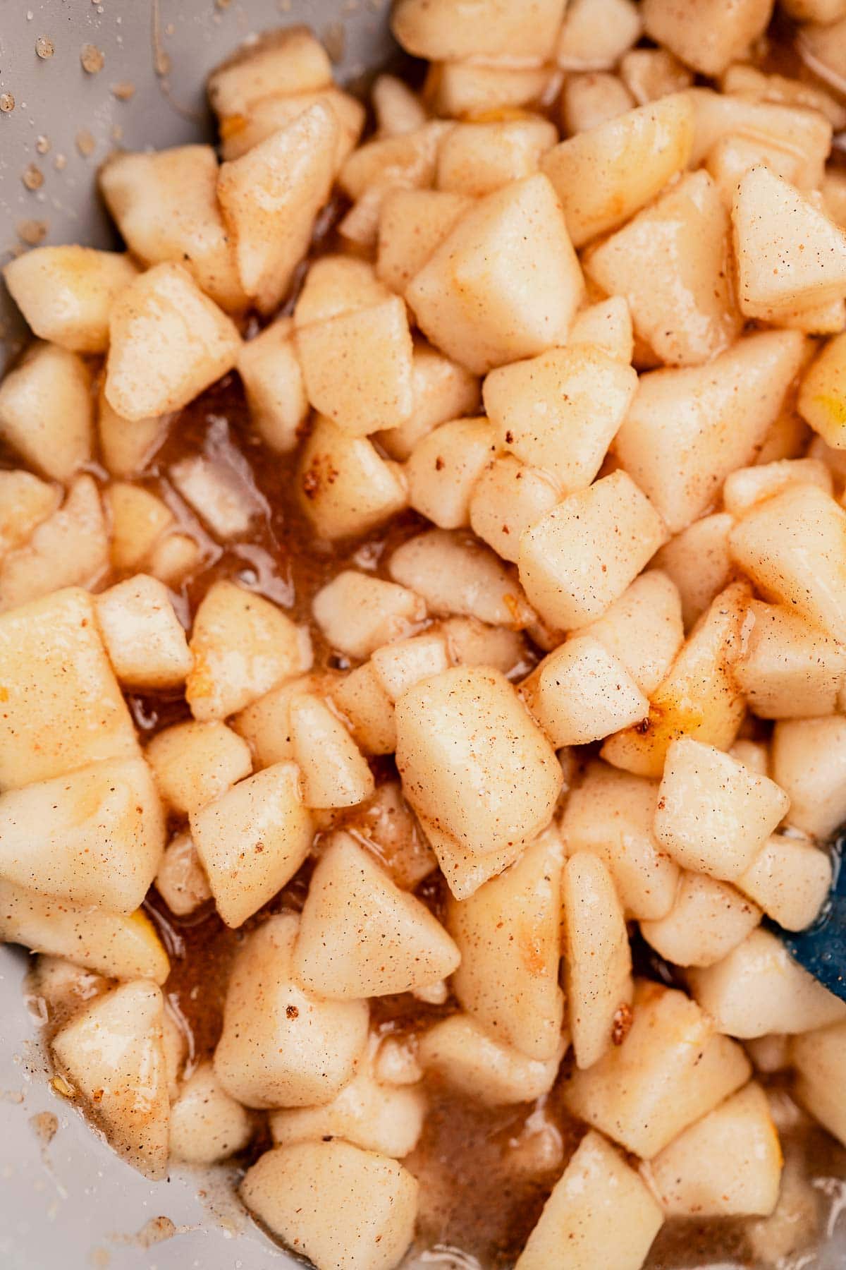 Chopped apples coated in a cinnamon and sugar mixture.