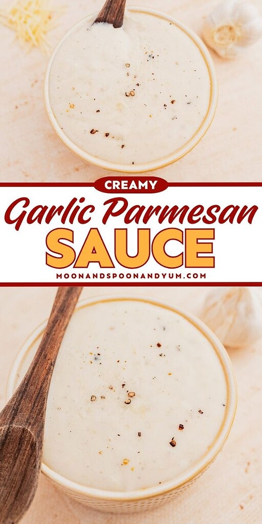 A bowl of creamy garlic parmesan sauce with black pepper on top, shown with a wooden spoon and surrounded by fresh garlic and cheese, highlights this delicious dip perfect for pasta or bread.