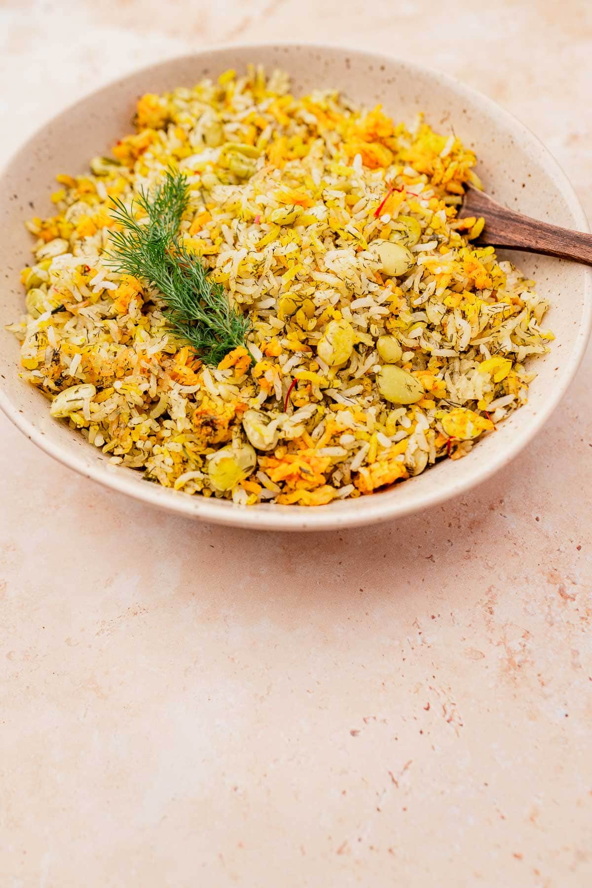 A plate of dill rice, seasoned with herbs, vegetables, and beans, is beautifully garnished with a fresh sprig of dill on a light textured surface.