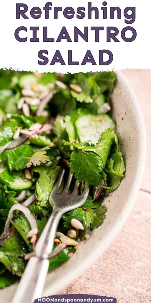 A bowl of cilantro salad with a fork, garnished with sunflower seeds and greens.