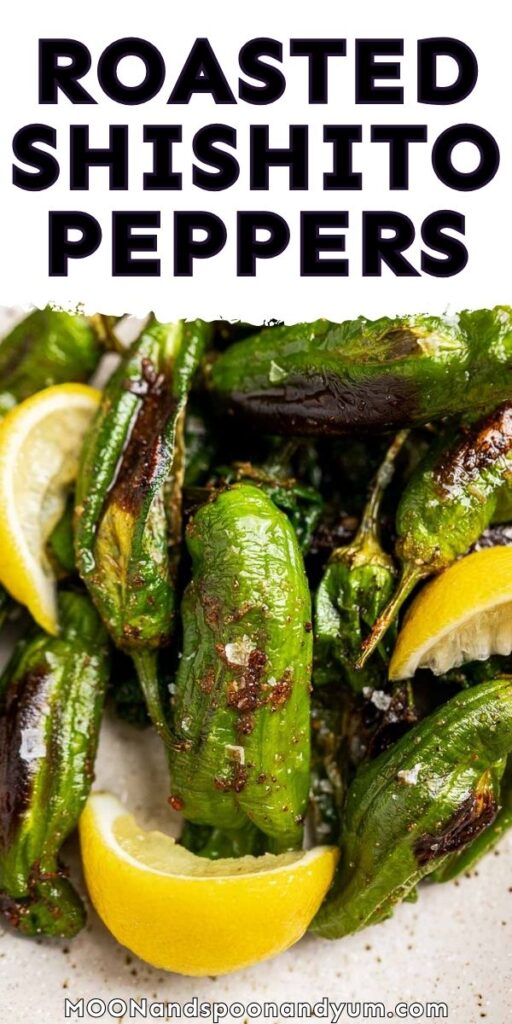 Close-up of roasted shishito peppers garnished with lemon wedges on a plate.
